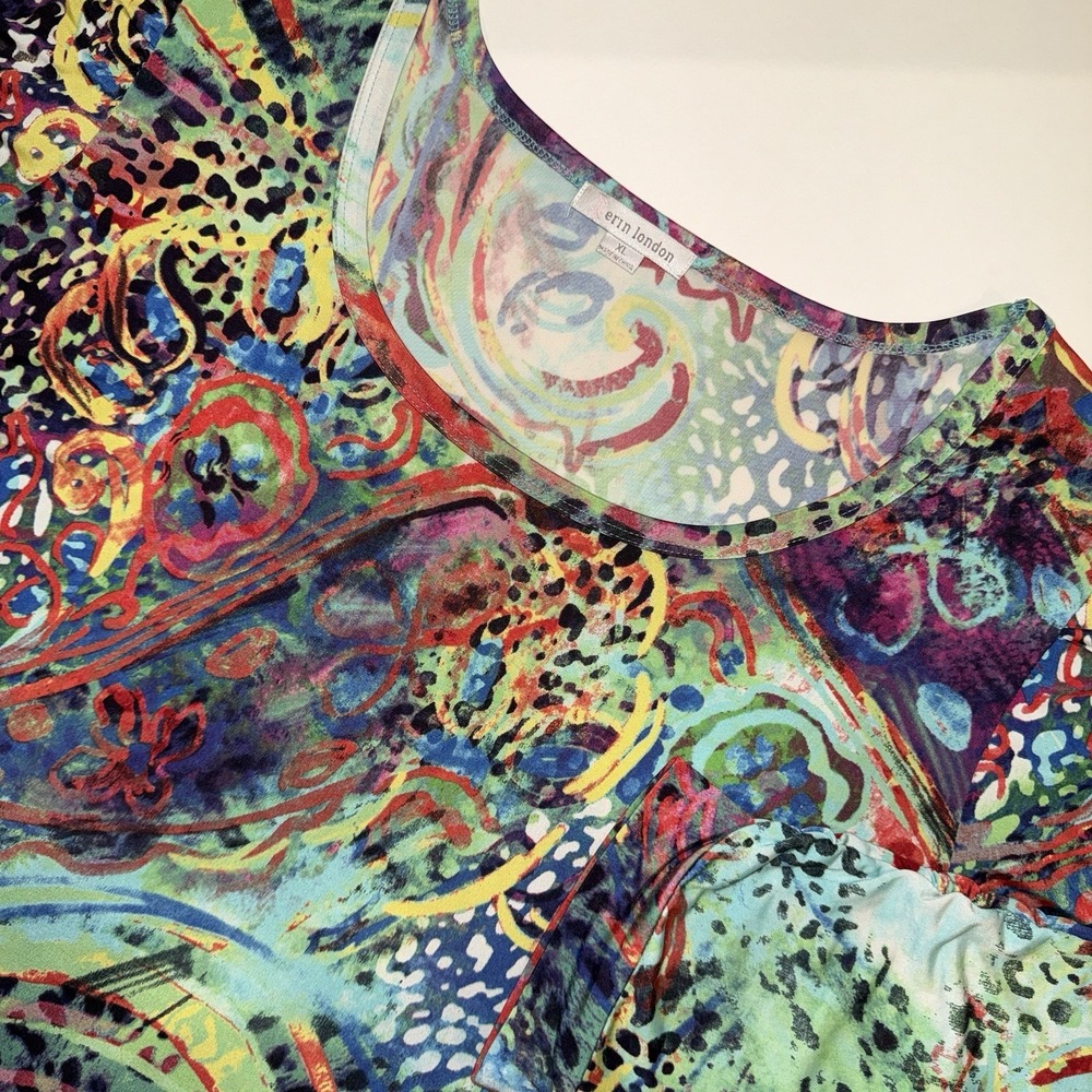 ERIN LONDON Top XL Boho Paisley Abstract Animal Print Ruched 3/4 Sleeve Vibrant